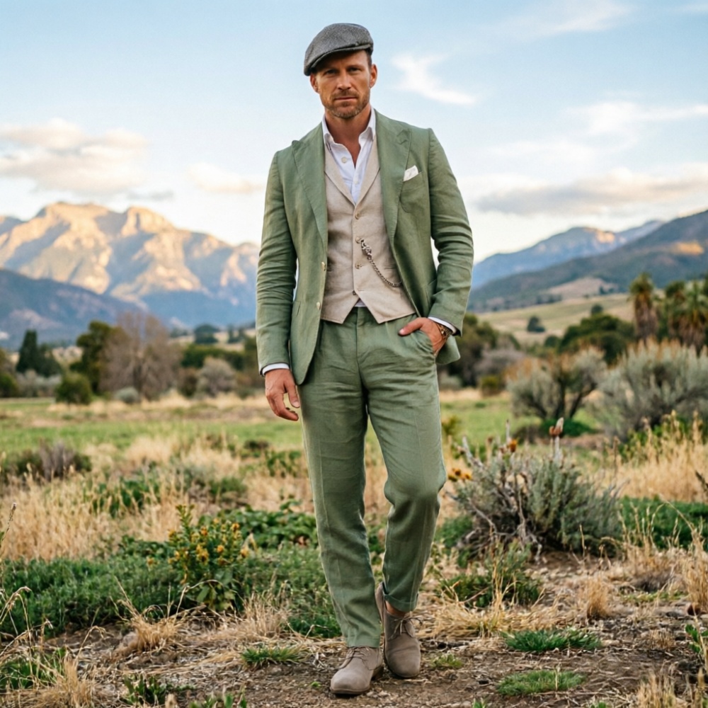 Men Formal Wear For Summer - Sage Green Linen Men 3 Piece