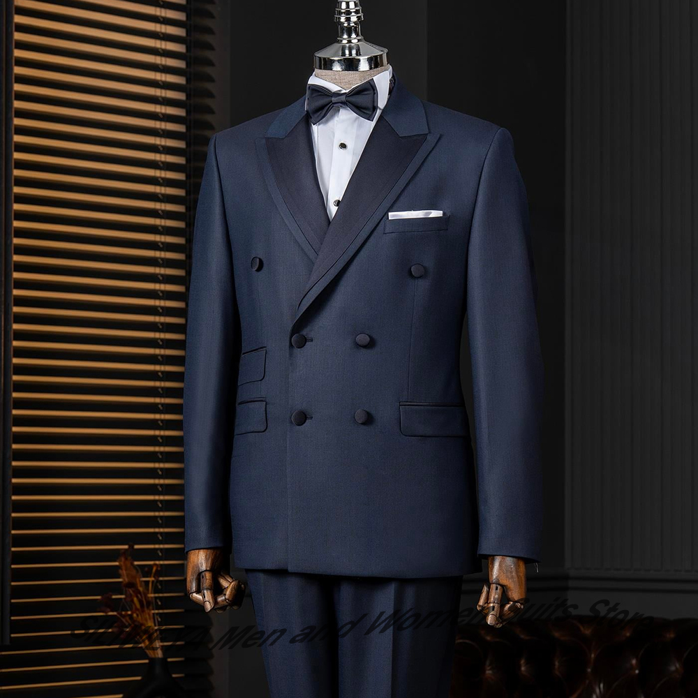Men Formal Wear For Dinner - Men's Navy Blue Double Breasted Suit