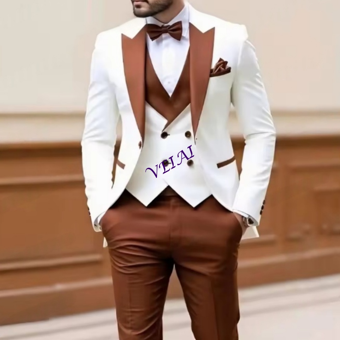 Men Formal Wear Wedding - New White And Brown Men Suit