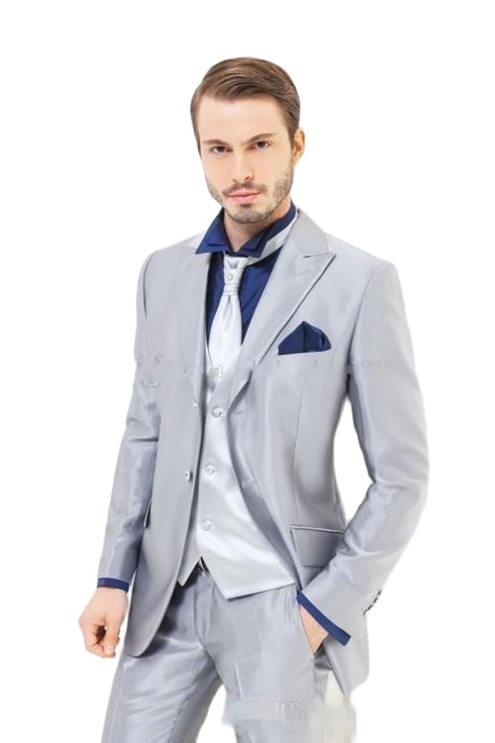 Custom Made Silver Shiny Satin - Men Formal Wear For Dinner 리뷰 및 가격