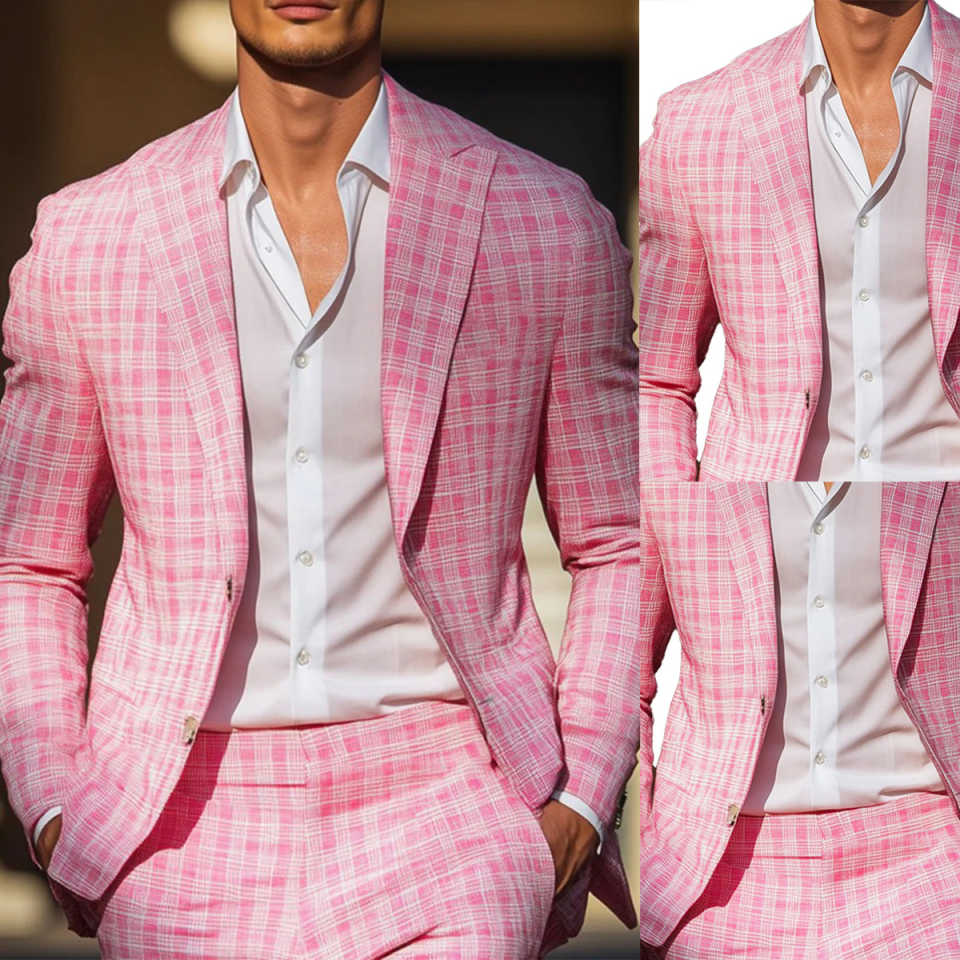Summer Pink Plaid Mens Tuxedos - Men Formal Wear For Summer 리뷰 및 가격