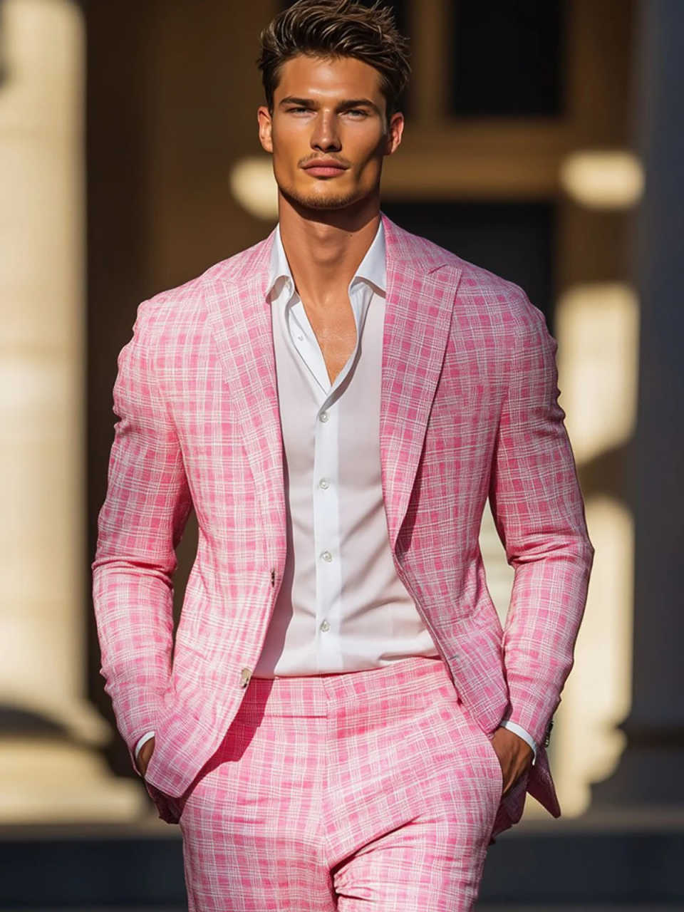 Summer Pink Plaid Mens Tuxedos - Men Formal Wear For Summer 리뷰 및 가격