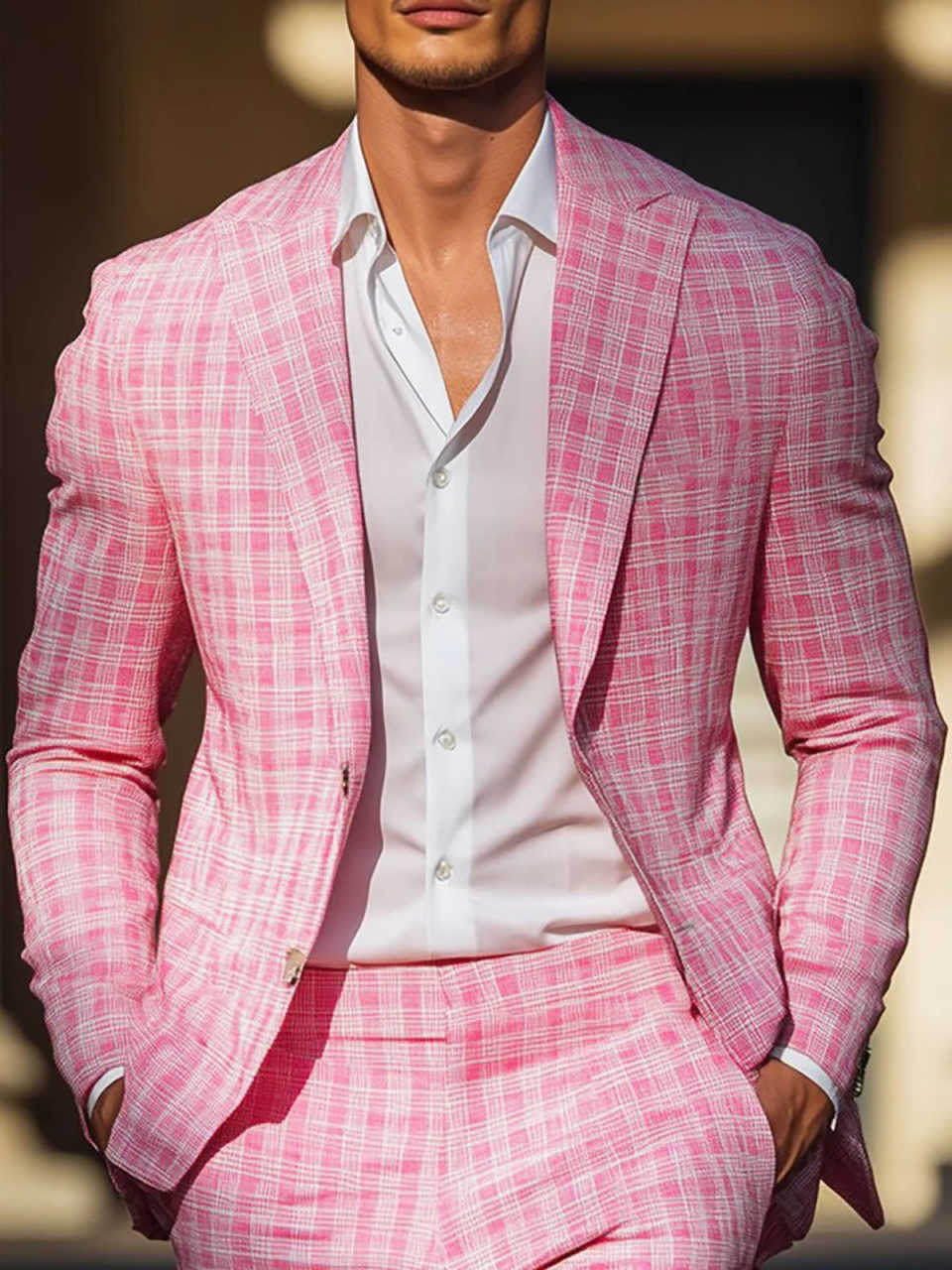 Summer Pink Plaid Mens Tuxedos - Men Formal Wear For Summer 리뷰 및 가격